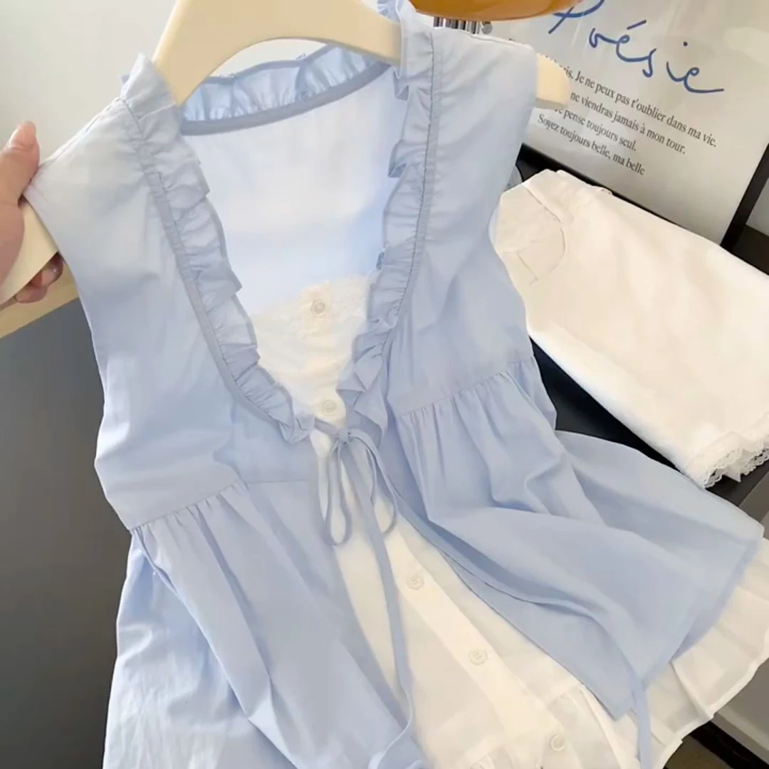 大码胖mm韩系减龄撞色假两件背心女夏季新款气质甜美无袖外穿上衣