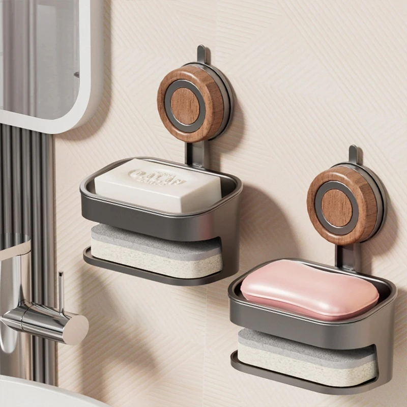 吸盘木纹肥皂盒浴室吸盘香皂置物架家用高档壁挂式沥水海绵皂架