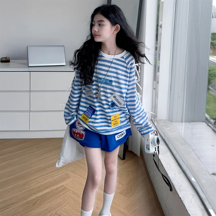 女童夏季时髦蓝条纹袖T恤短袖轻薄松透气中大童休闲短裤防晒套装