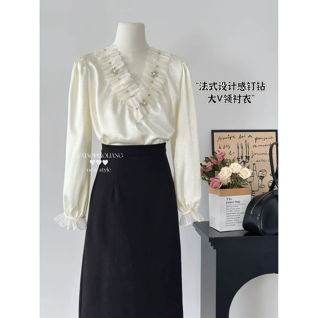 法式V领花边春季拼接设计感衬衣气质小众减龄百搭衬衫7397#0.1 qq