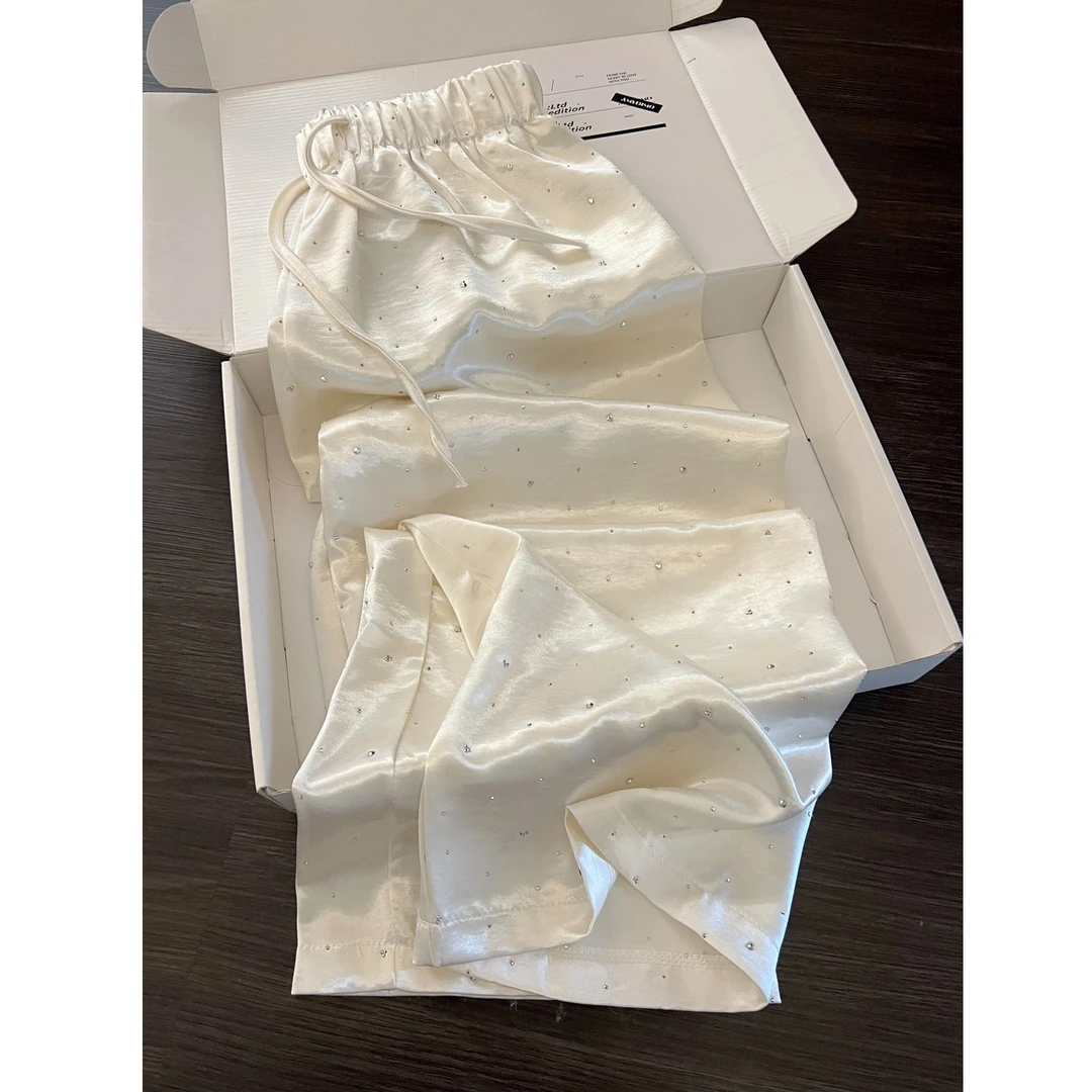 高级轻奢烫钻简约冰丝睡裤女夏季2025新款高腰百搭居家睡裤可外穿