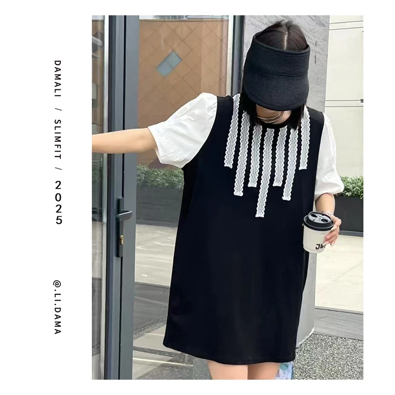 大码利-夏上新【竖条拼接袖】韩系连衣裙女宽松百搭显瘦裙子