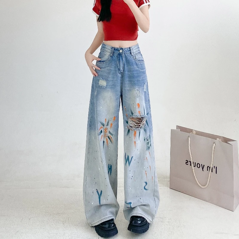 潮碧梵大码女装复古渐变涂鸦破洞牛仔裤女胖mm高腰宽松阔腿牛仔裤