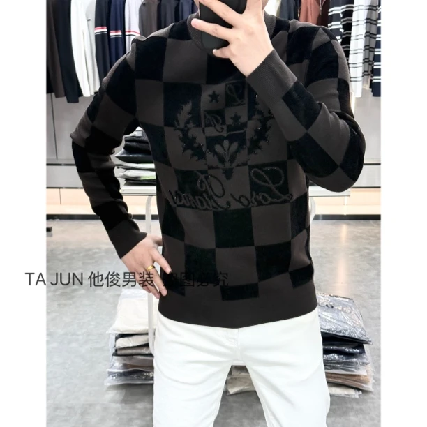 *他俊*冬季男士长袖时尚刺绣印花格子潮流针织毛衣 850