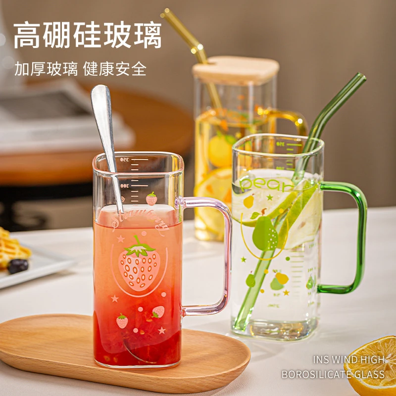 【味之居】方形玻璃水杯ins吸管刻度杯家用耐热水果印花少女心礼物