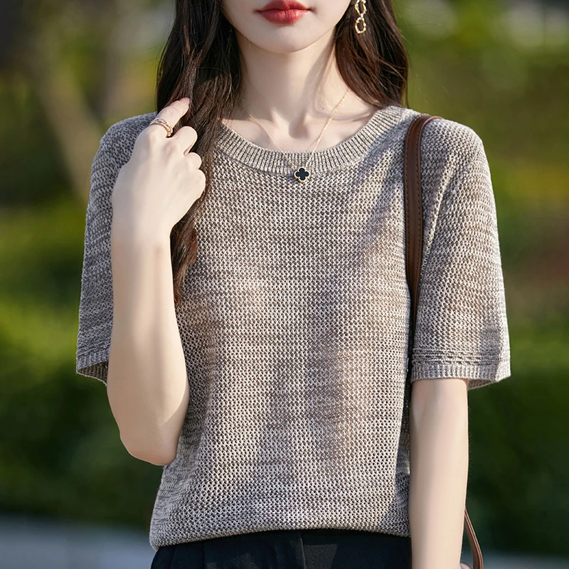 羊范精纺羊毛圆领针织短袖T恤女夏季薄款宽松显瘦打底衫透气凉感