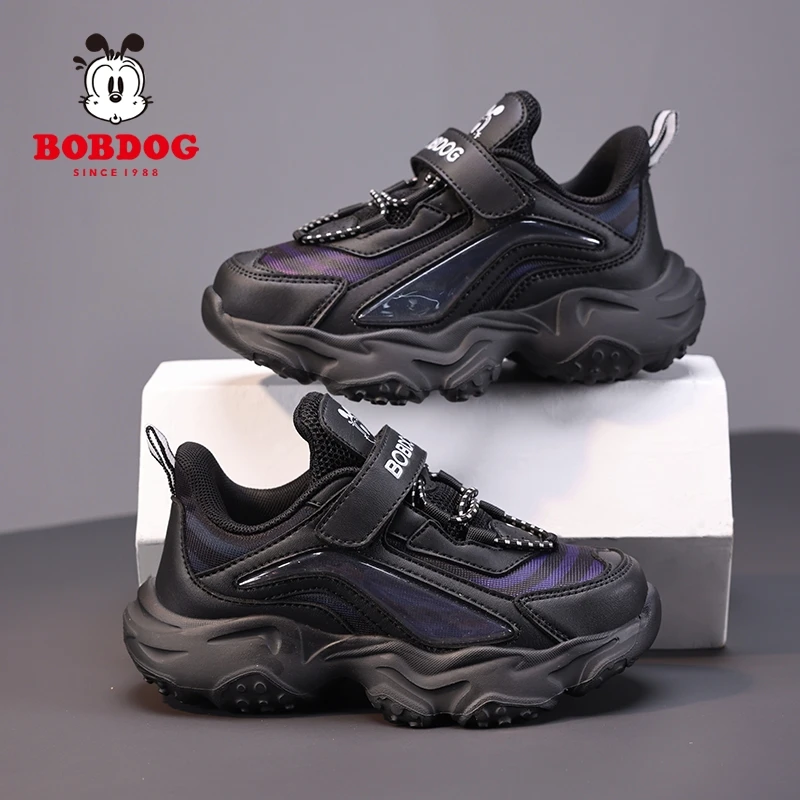 巴布豆童鞋男童运动鞋秋季薄款网面透气学生中大童39码黑色跑步鞋