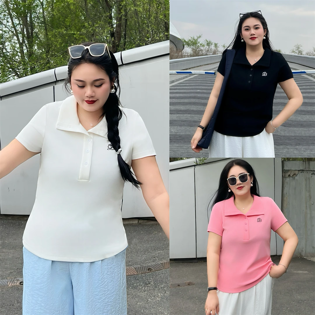 晚樱轻语 /刺绣小标小翻领短袖8962花契大码200斤胖mm休闲时尚