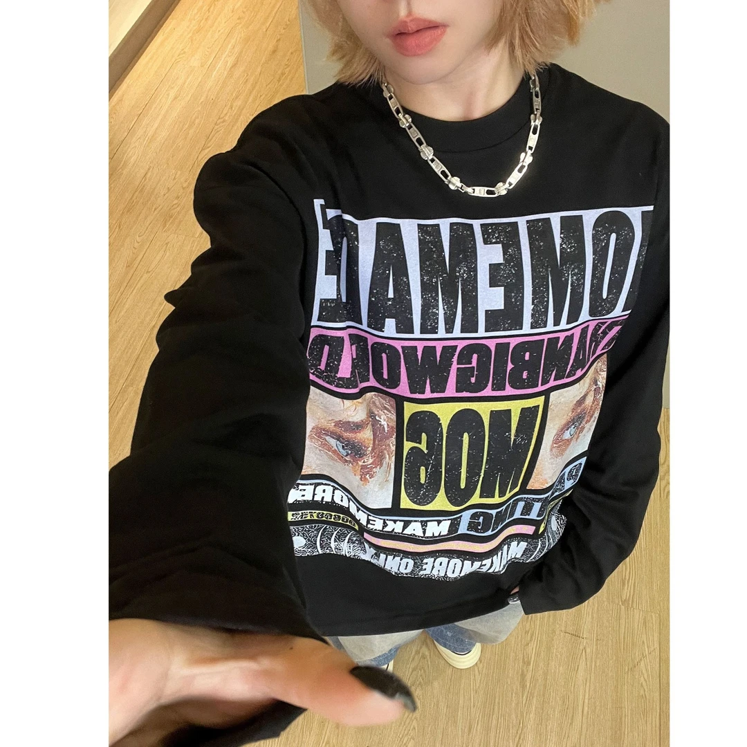 【撞色研究所】美式休闲设计感小领口宽松字母印花长袖T恤hiphop