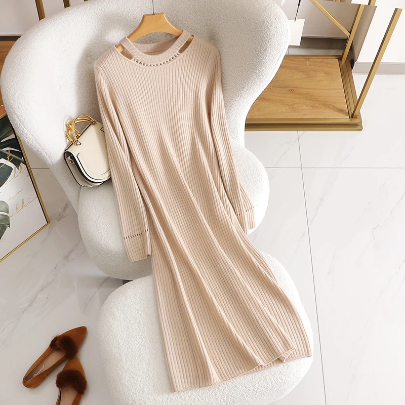 秋冬半高领羊绒连衣裙女中长款修身针织羊绒裙100%纯山羊绒打底裙