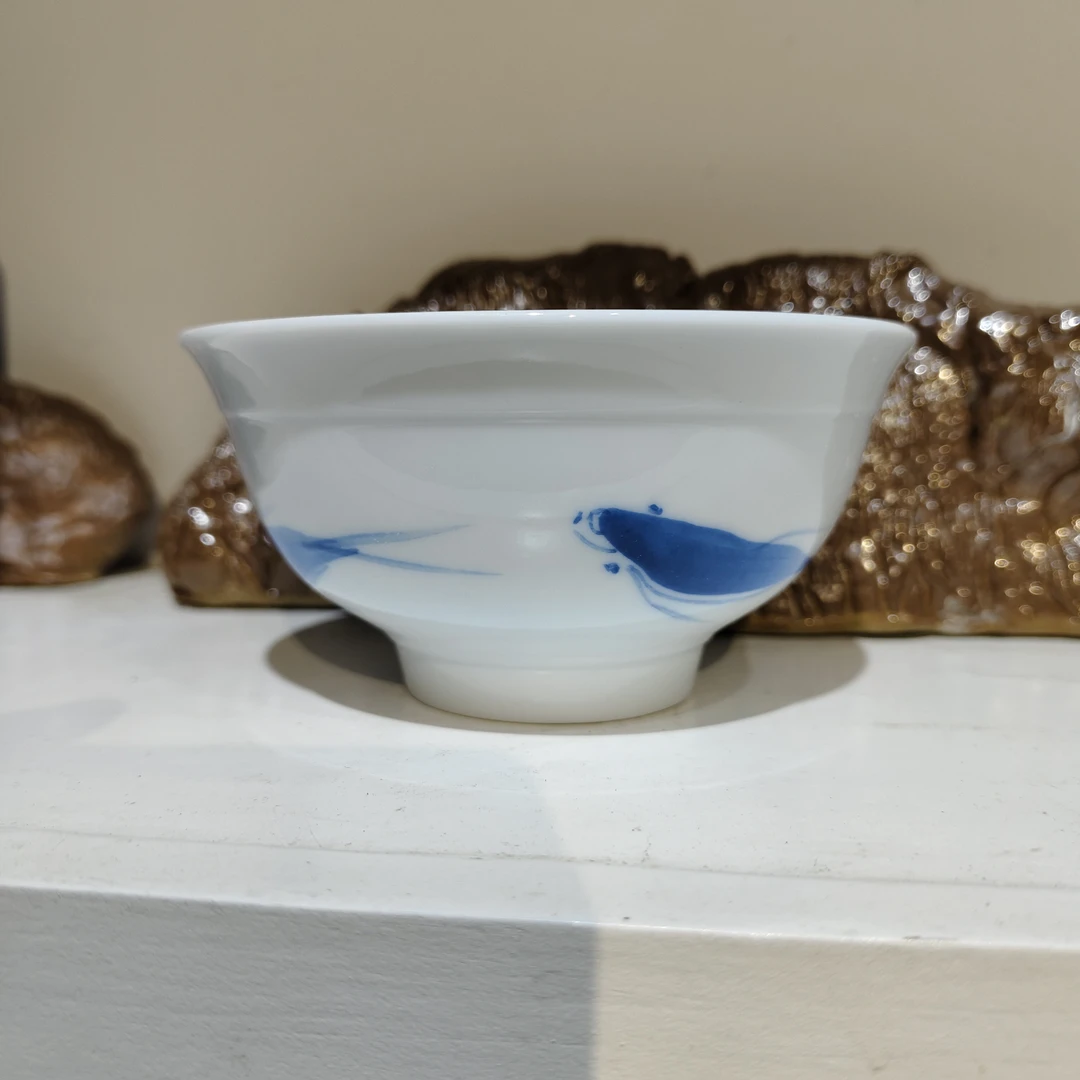 金鱼杯陶瓷釉下彩青花瓷手绘柴窑茶碗小碗白瓷茶杯品茗杯瓷碗茶道