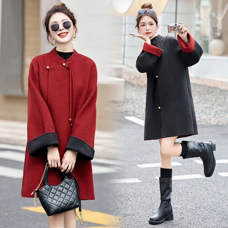 现货新中式双面羊毛大衣女中长款2025年新款盘扣斗篷羊毛呢子外套
