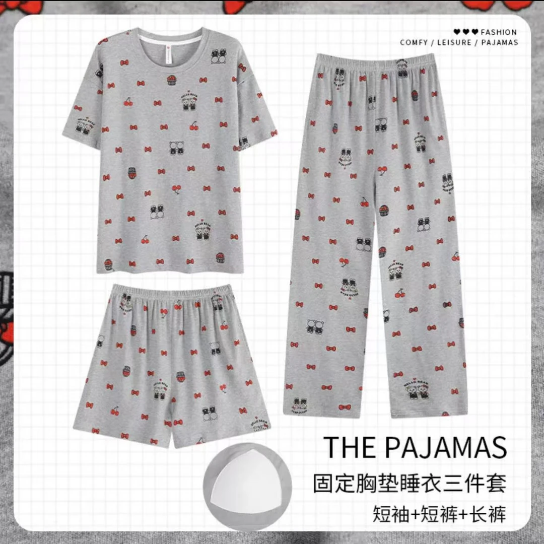Y(拍一发三)夏季甜美kt猫猫宽松睡衣三件家居服套装