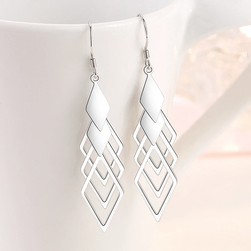 铜合金耳饰 菱形流苏耳环长款重叠菱形耳坠时尚新款简约耳钩耳饰