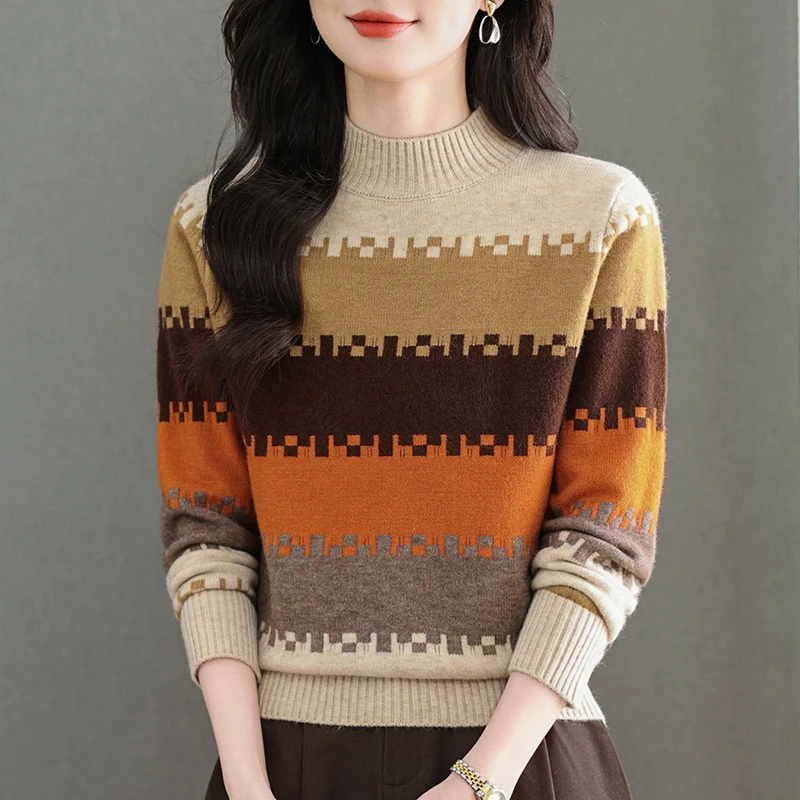 羊毛衫冬季新款半高领针织衫女气质妈妈洋气百搭宽松显瘦打底衫厚