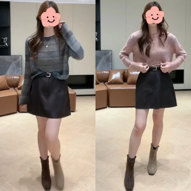 韩系简约条纹撞色针织长袖上衣+百搭显瘦裤裙LK2506188