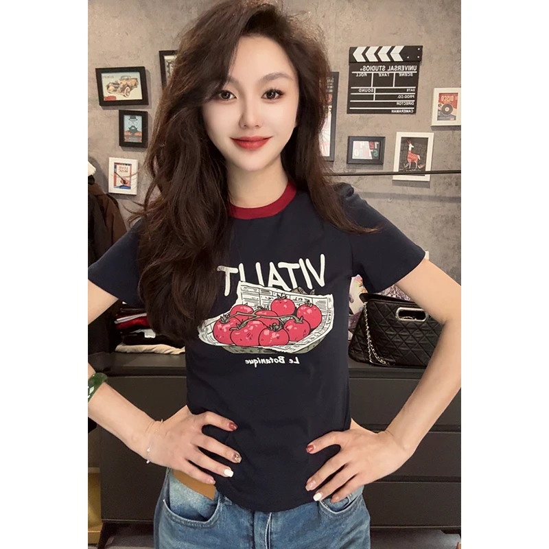 正肩番茄印花棉T恤女撞色罗纹圆领修身显瘦简约别致短袖上衣