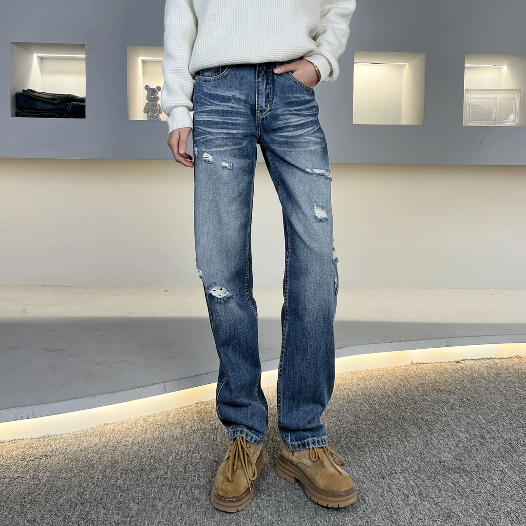 【Ashley】新款Cleanfit春款破洞蓝色美式复古直筒百搭牛仔裤宽松