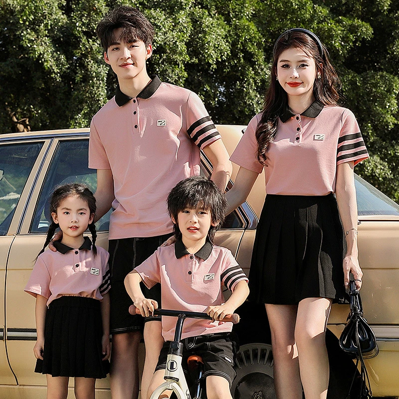 高端亲子装套装翻领短袖父子母子装幼儿园小学生团体活动服夏季
