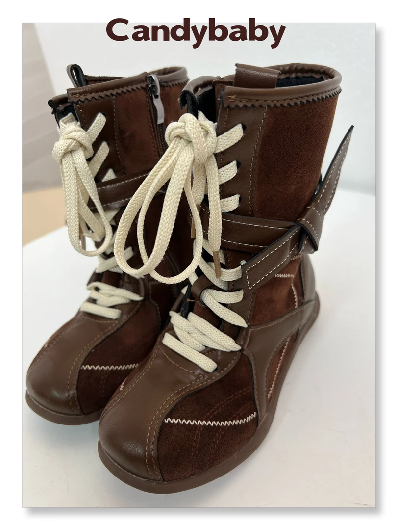 candybaby童鞋马丁靴交叉绑带中筒厚底套筒复古休闲风女系带秋冬
