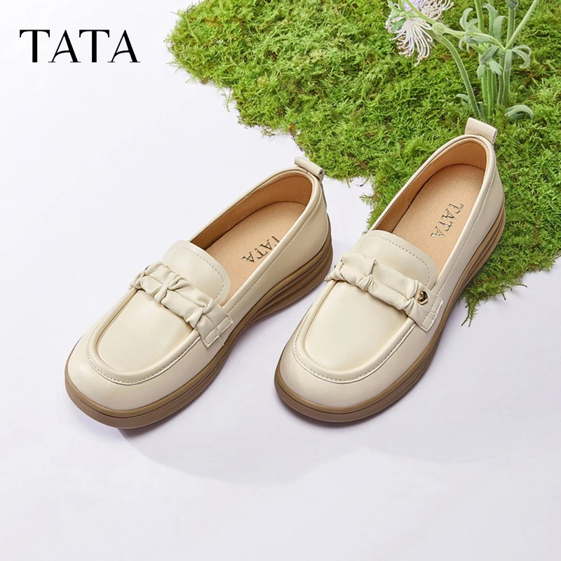 TATA他她白色乐福鞋女一脚蹬小皮鞋女软底单鞋春季新款7A425AA5