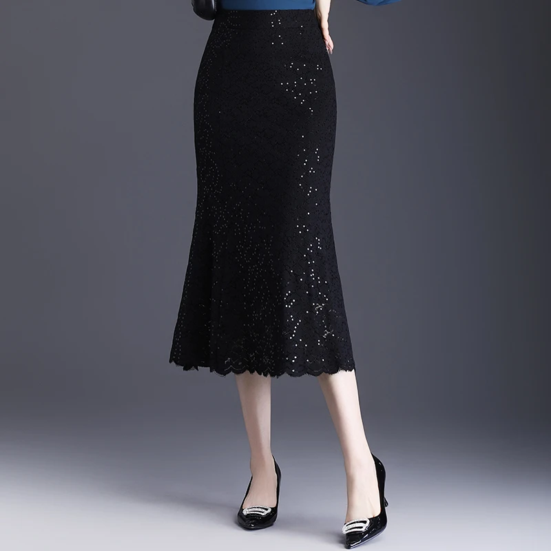2025新款高腰中长款蕾丝亮片半身裙女春夏时尚包臀鱼尾裙一步裙子