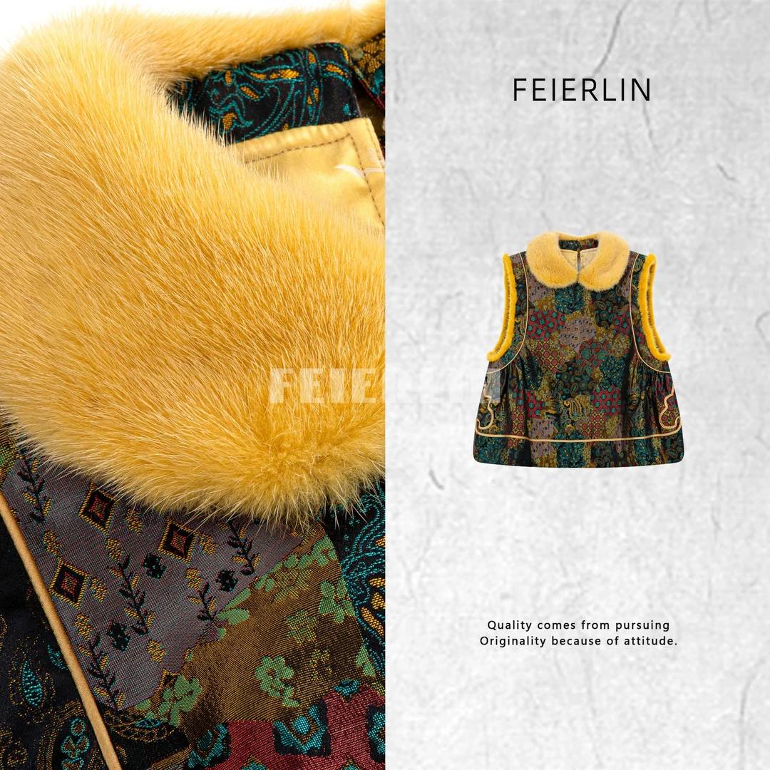 FEIERLIN- 2025深圳原创新中式女装桑蚕丝冬夹棉水貂毛马甲90265
