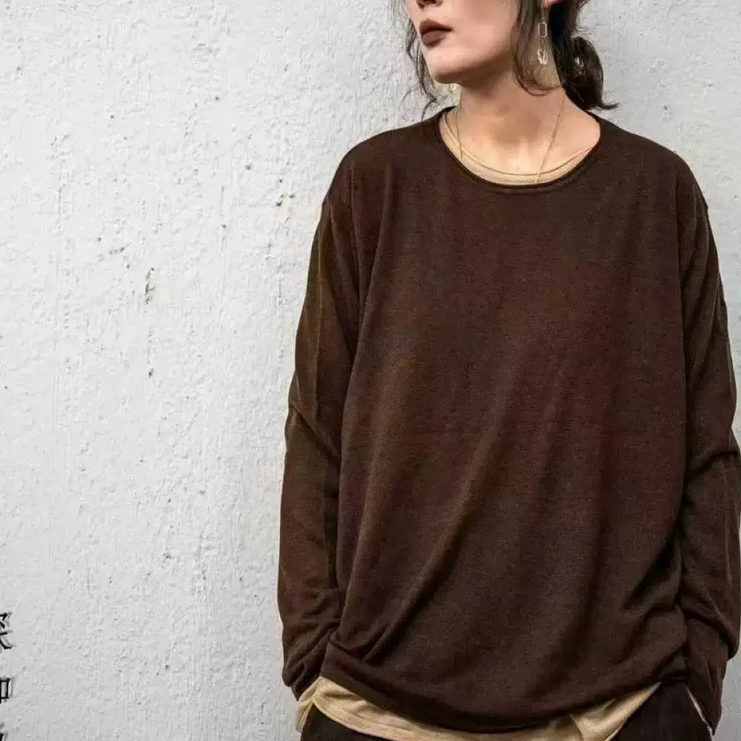 疯子张 25秋款复古宽松圆领松弛感休闲长袖T恤羊毛打底衫08552