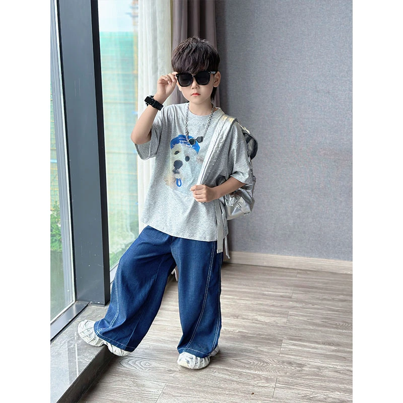 男童夏季时尚薄款简约小狗印花短袖中大童纯色休闲牛仔防蚊裤套装