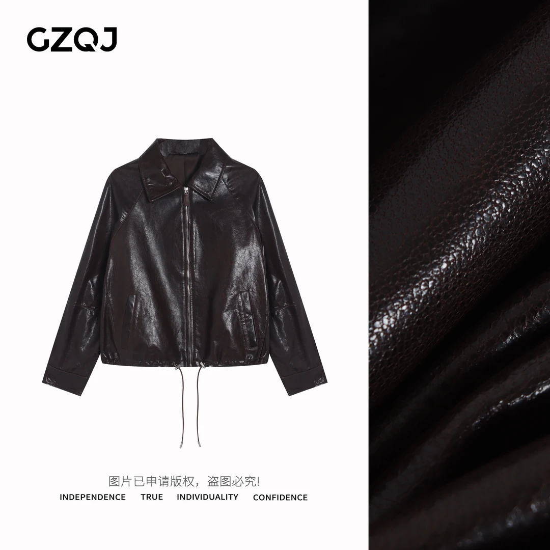 广州琴姐【林肯公园】时尚百搭翻领拉链真皮皮衣外套女春季上衣271