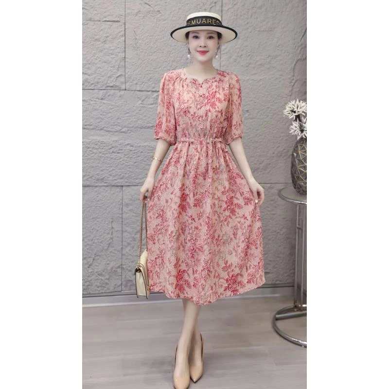 【时装高定款】初恋粉霞气质修身时尚休闲夏季高端大码妈妈装连衣裙