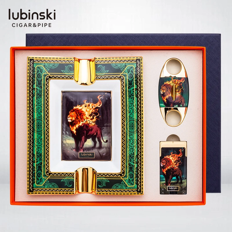 LUBINSKI鲁宾斯基新款雪茄工具创意彩绘火狮雪茄剪打火机烟缸套装