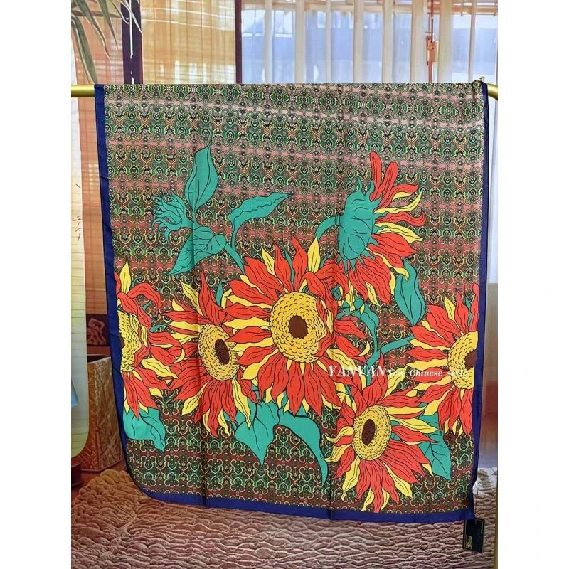 L204 复古向日葵 丽锦缎面料春夏女士披肩时尚围巾百搭丝巾