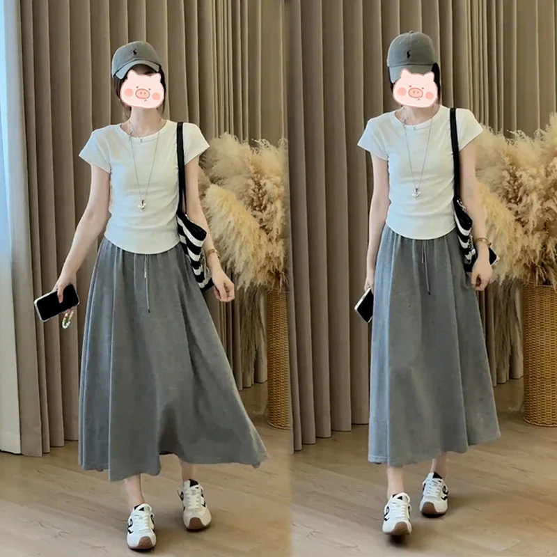 时尚休闲套装女2025年夏季新款圆领短袖T恤高腰显瘦半身裙两件套