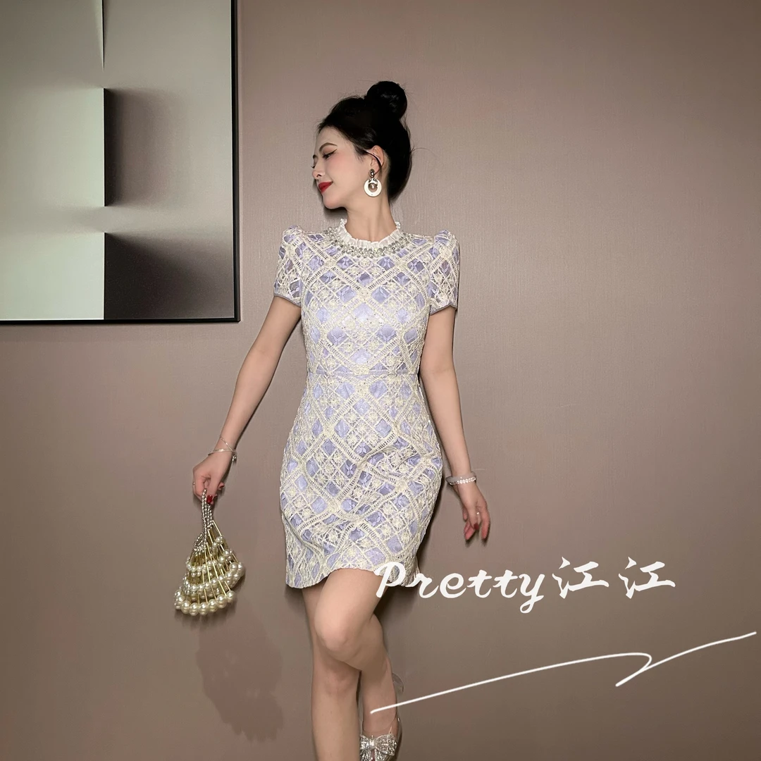 Pretty小众设计师品牌江江定制 时尚法式修身显瘦格子连衣裙11640