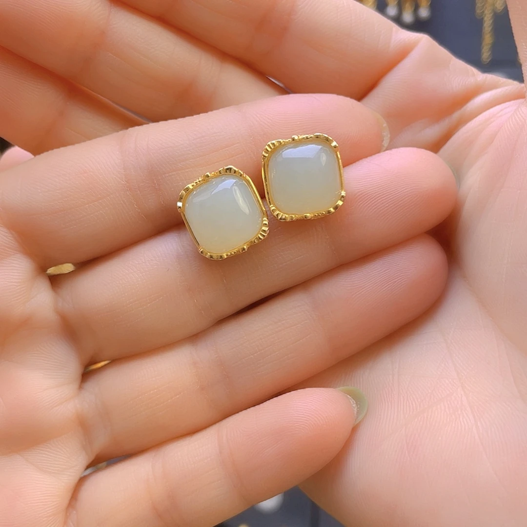 和田玉耳饰银S925镀金镶嵌