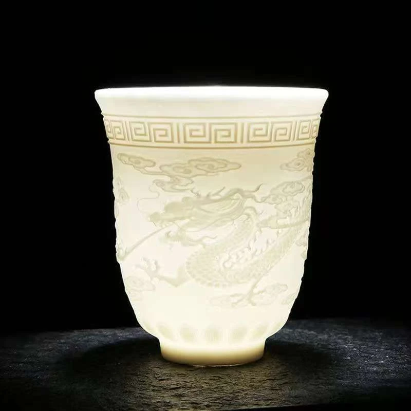 【1单1个可多拍】（无礼盒）高档德化浮雕白瓷龙凤杯主人杯大号杯子