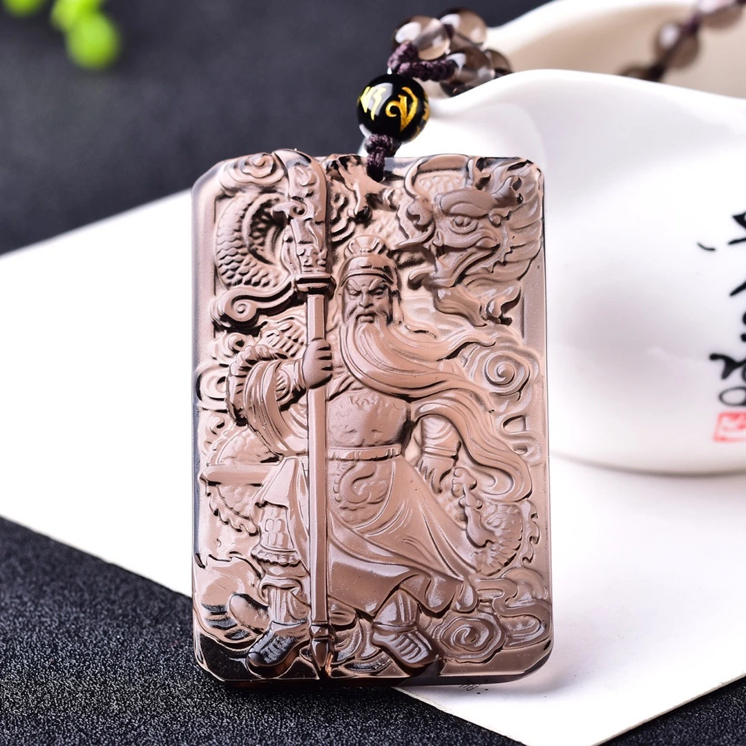 天然冰种黑曜石关公吊坠男士武财神关二爷关羽项链霸气挂件精雕