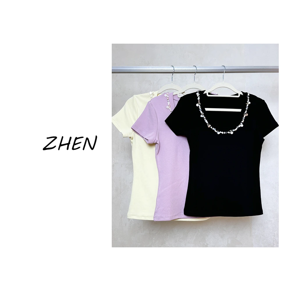 【ZHEN】25K00433 2025新款修身显瘦气质小众设计师款短袖T恤打底