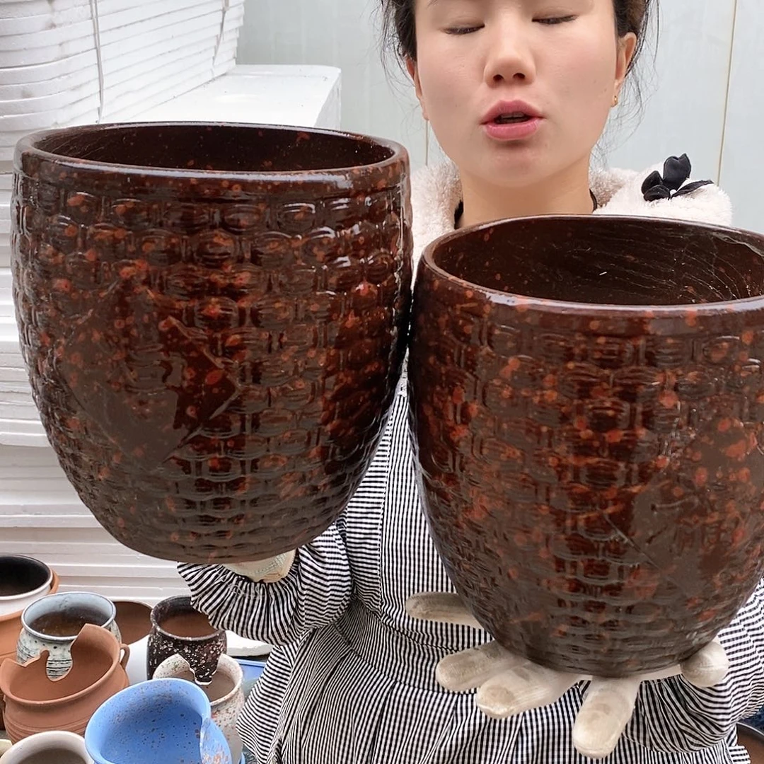 红泥花盆瑕疵口18高21