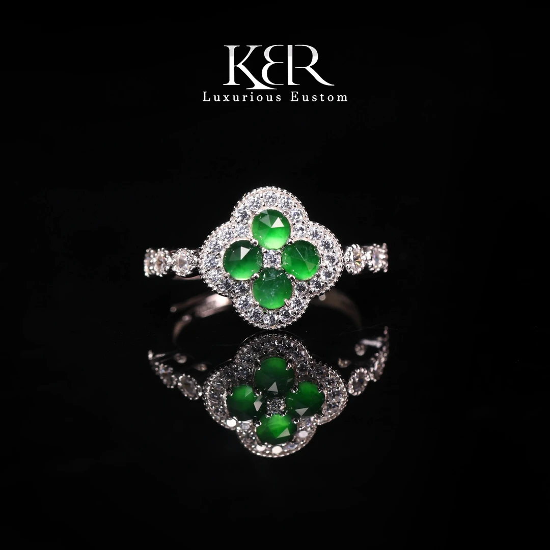 高定设计款天然A货翡翠高冰满绿四叶草戒指大气百搭KBRKRL0511006