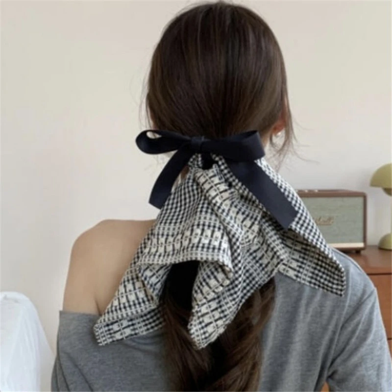 超大号韩系蝴蝶结格纹方巾大肠发圈低马尾发绳头绳扎头发皮筋