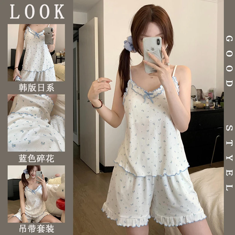 带胸垫ins薄款吊带睡衣女夏季新款甜美风碎花简约舒适家居服套装