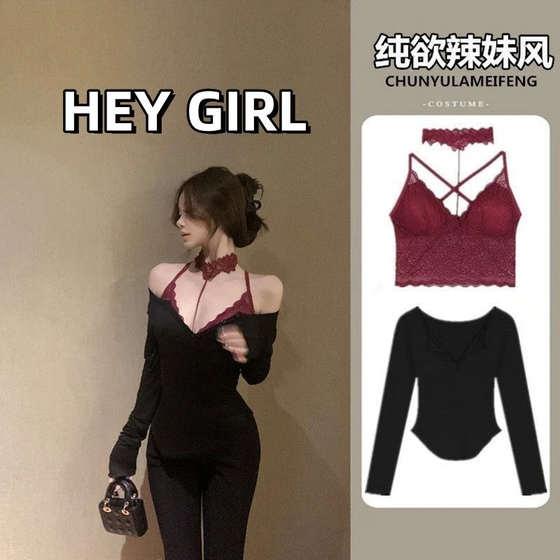 带胸垫蕾丝挂脖吊带背心纯欲辣妹修身不规则一字肩长袖T恤女春夏