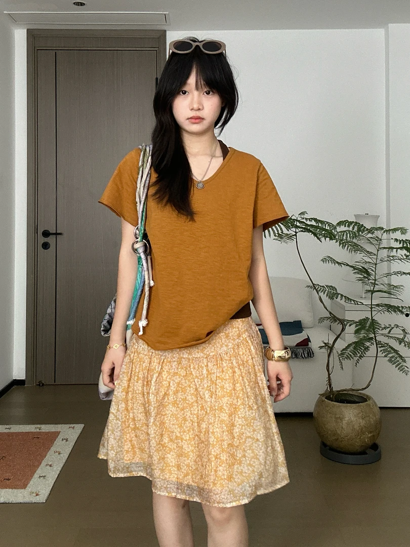 短裙拉链通勤中腰常规碎花半身裙套装薄雾少女风