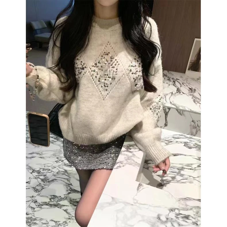 秋冬季新款轻奢高级感重工设计感亮片闪闪减龄百搭针织上衣-G