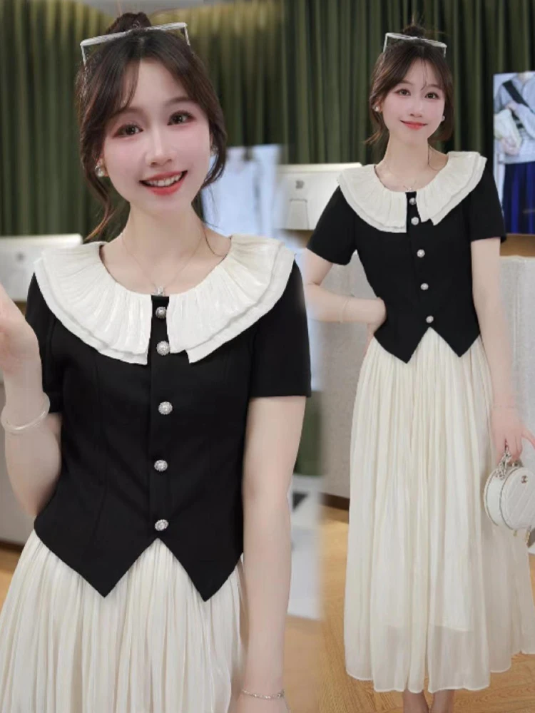 时尚套装裙女2024夏新款时髦洋气设计感短袖上衣网纱半身裙两件套