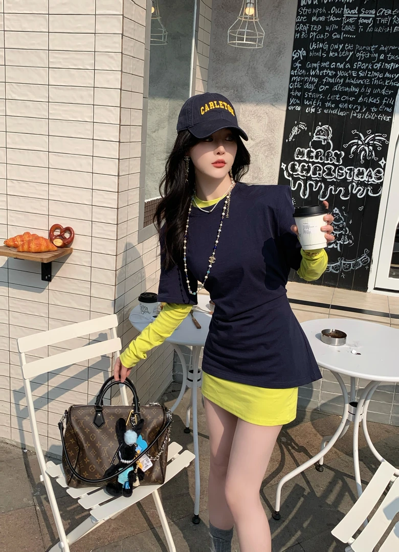 SISTER姐妹家【收腰套装】百搭收腰撞色叠穿真两件短袖加长袖套装女