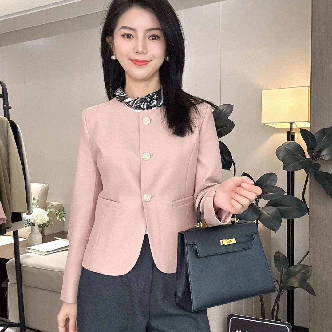 时尚圆领西装修身外套女2025春秋高级感小个子百搭休闲西服