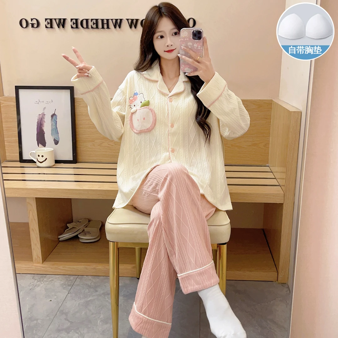 秋冬睡衣女长袖长裤带胸垫可外穿可爱卡通网红爆款少女家居服套装